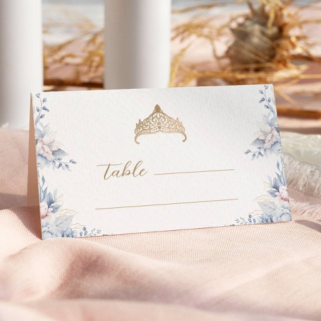 Carte De Placement Elégant or Tiara Blue Floral Quinceañera (Créateur téléchargé)