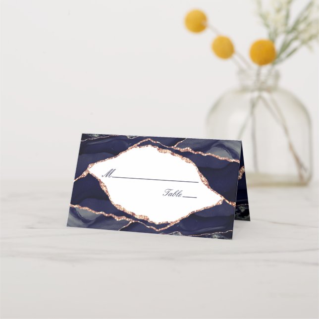 Carte De Placement Elégant Rose Gold Foil Marine Blue Agate Mariage (Devant)