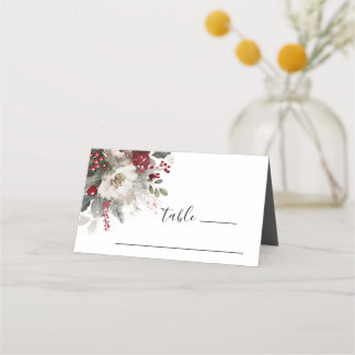 Carte De Placement Élégant rouge argent Noël hiver Floral Mariage