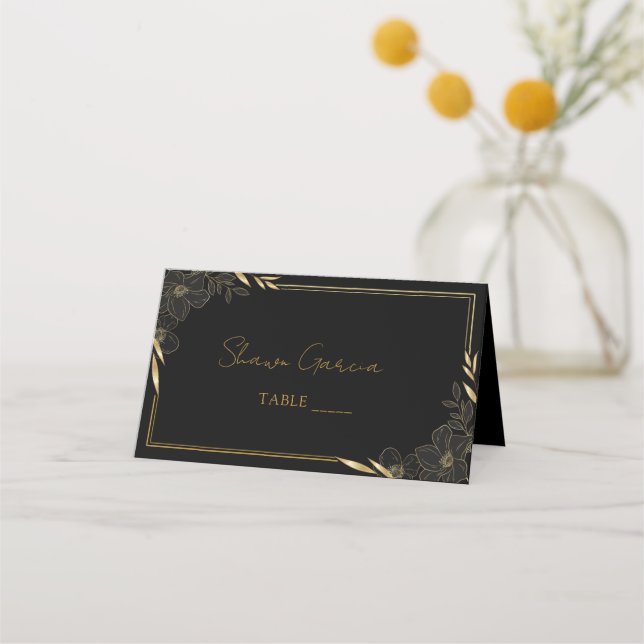 Carte De Placement Élégant Script fleurit Black & Gold Mariage Pla (Devant)