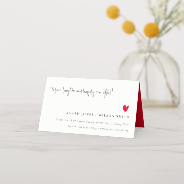 Carte De Placement Élégant Simple Minimal Red Heart Script Mariage (Devant)