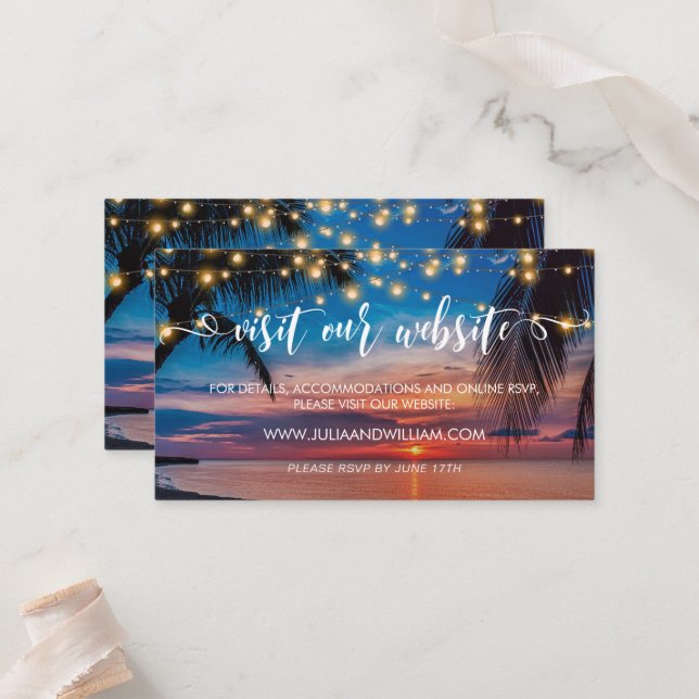 Carte De Placement Elégant Tropical Beach Wedding Website Card (Devant/Arrière en situation)