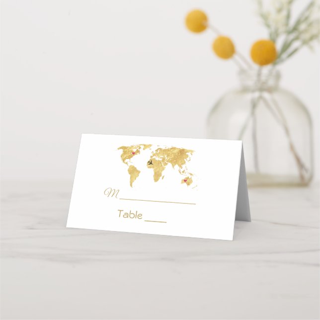 Carte De Placement Élégant Voyage Gold World Map Mariage (Devant)