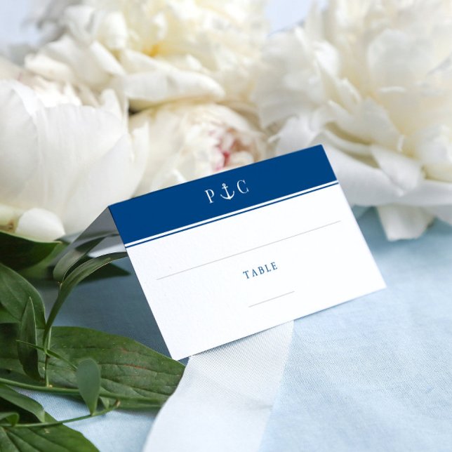 Carte De Placement Elégante Ancre nautique Monogram Marine Blue (Elegant Nautical Navy Blue Anchor place card with minimal monogram by Coastal Map Designs)