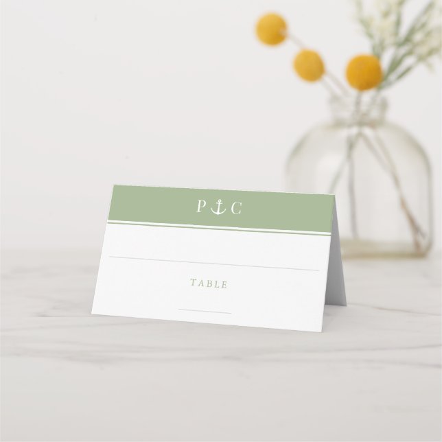 Carte De Placement Élégante Ancre nautique Monogramme Sage Green (Devant)