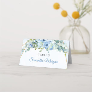 Carte De Placement Elégante aquarelle bleu vert fleuri et or