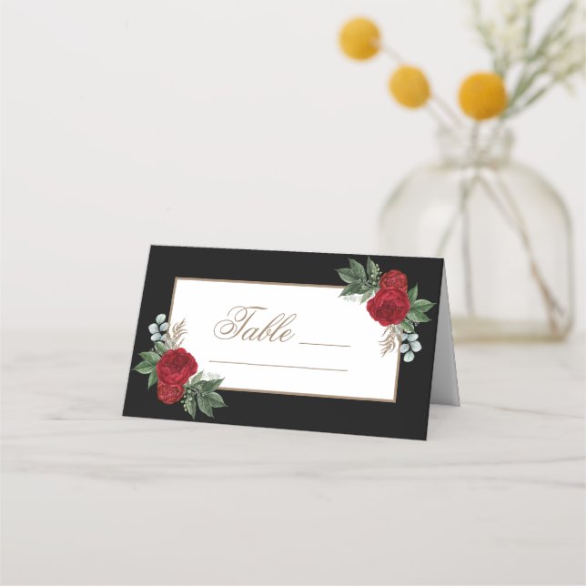 Carte De Placement Élégante calligraphie or Flore rouge (Devant)