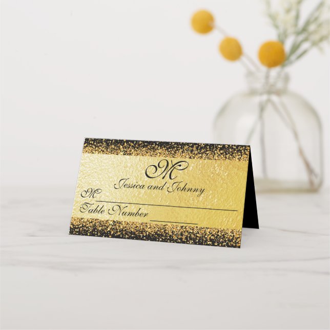 Carte De Placement Elégante Confetti d'huile d'or sur noir (Devant)