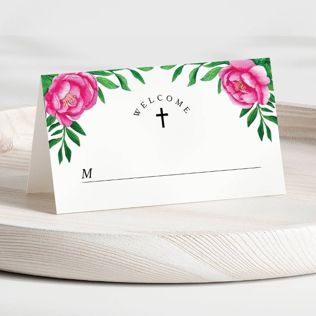 Carte De Placement Elégante couleur rose florale première communion (Elegant Pink Floral Watercolor First Communion Place Card)