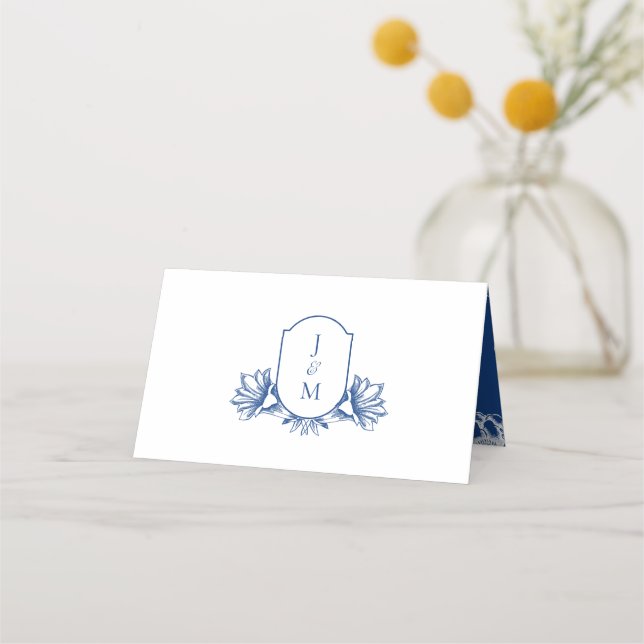 Carte De Placement Elégante crête de Monogramme Botanique Bleue & Ble (Devant)