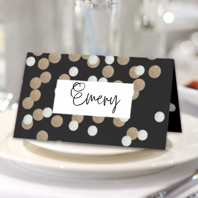 Carte De Placement élégante fête de vacances Black Gold Confetti (elegant modern Black Gold Confetti Holiday Party Place Card)