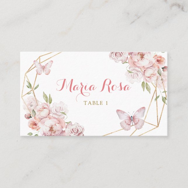 Carte De Placement Élégante fille Florale rose or Quinceañera (Devant)