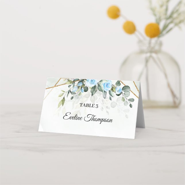 Carte De Placement Elégante fleurs bleu clair eucalyptus et or (Devant)
