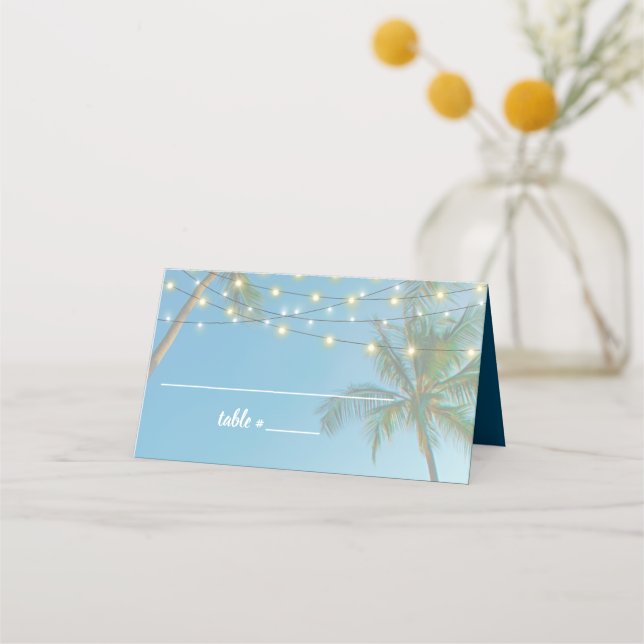 Carte De Placement Elégante Plage Tropicale Mariage Palmiers Lumières (Devant)