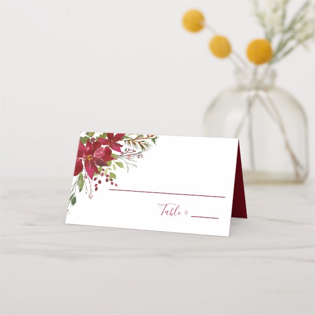 Carte De Placement Elégante Réception de Noël Florale Rouge Poinsetti (Devant)