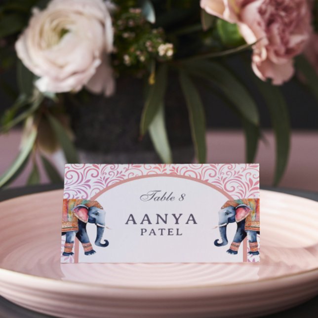 Carte De Placement Eléphant Floral & Mundap Arch Mariage Nom de l'esc (Indian wedding escort cards, elephant wedding reception sign, hindu wedding reception place cards)