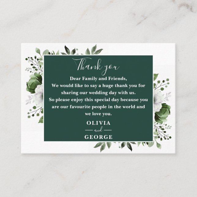 Carte De Placement Emerald Green Botanical Floral Mariage Merci (Devant)