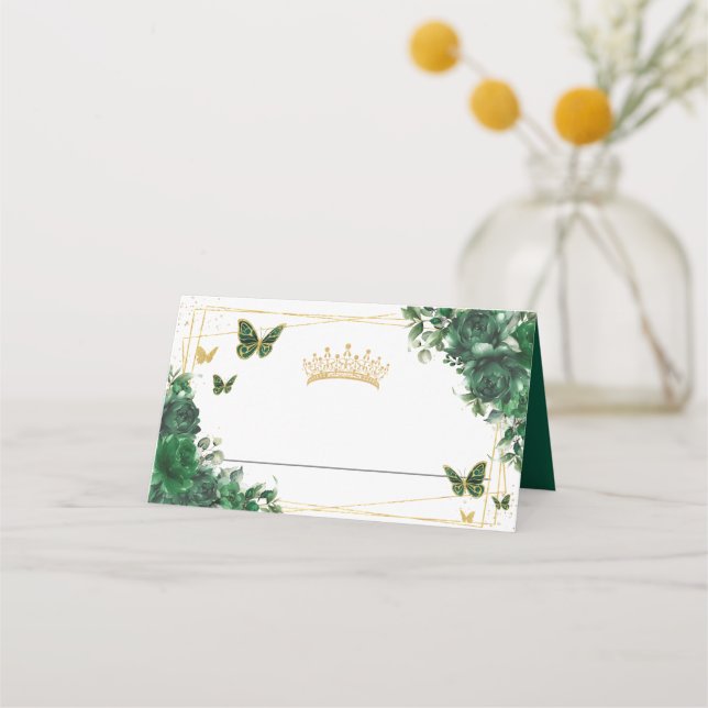 Carte De Placement Emerald Green Floral Gold Butterflies Quinceañera (Devant)