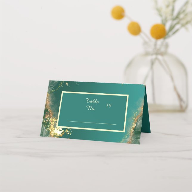 Carte De Placement émeraude or vert bijou mariage (Devant)