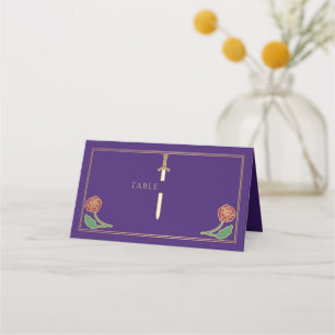 Carte De Placement Épée Fleurie Médiévale Royale Violet Or Mariage