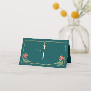 Carte De Placement Épée florale médiévale royale sarcelle or mariage