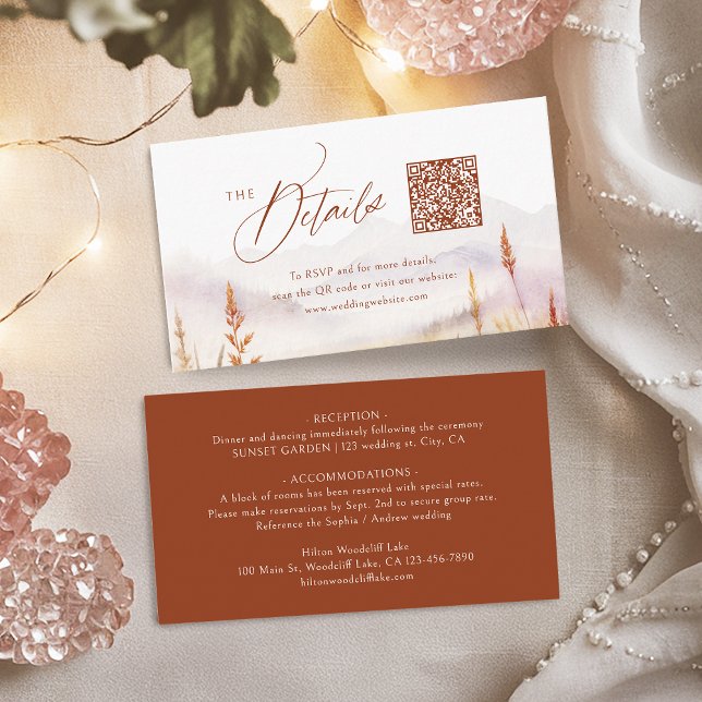 Carte De Placement Fall Wildflower Mountain Rustic QR code Details (Fall Wildflower Mountain Rustic QR code Details Place Card)