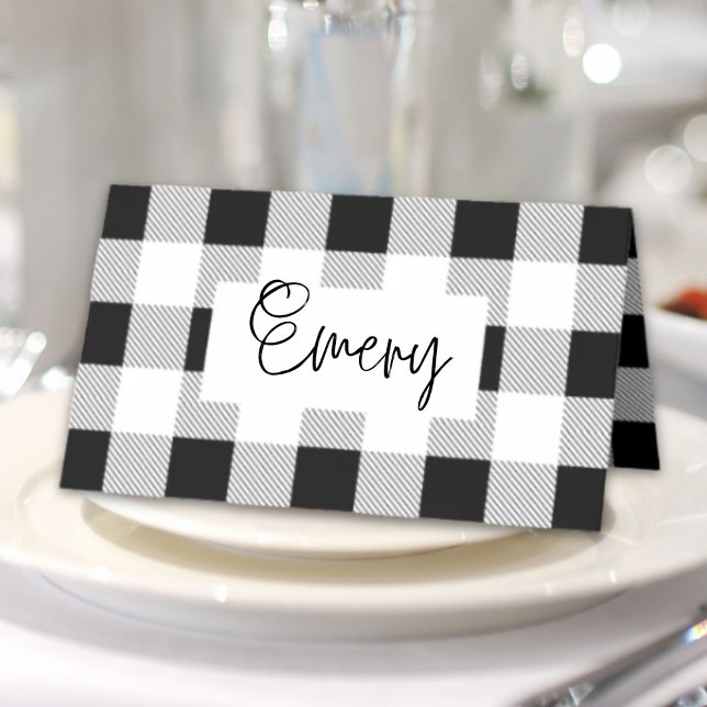 Carte De Placement fête de ferme rustique plaid noir et blanc de buff (rustic farmhouse black white buffalo plaid party place card)