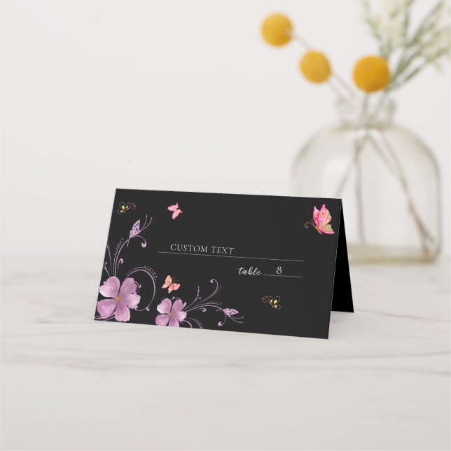 Carte De Placement Fête des mariées florale moderne aux papillons col (Devant)