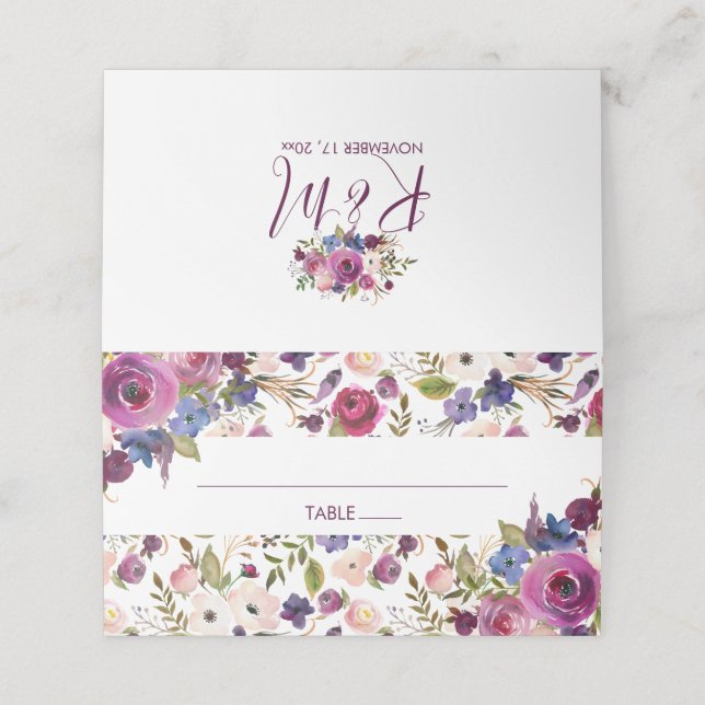 Carte De Placement Fête des mariées Florale violet/Mariage Carte Plac (Extérieur déplié)