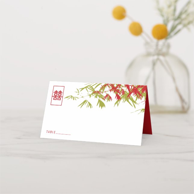 Carte De Placement Feuille bambou vert rouge double Xi Mariage chinoi (Devant)
