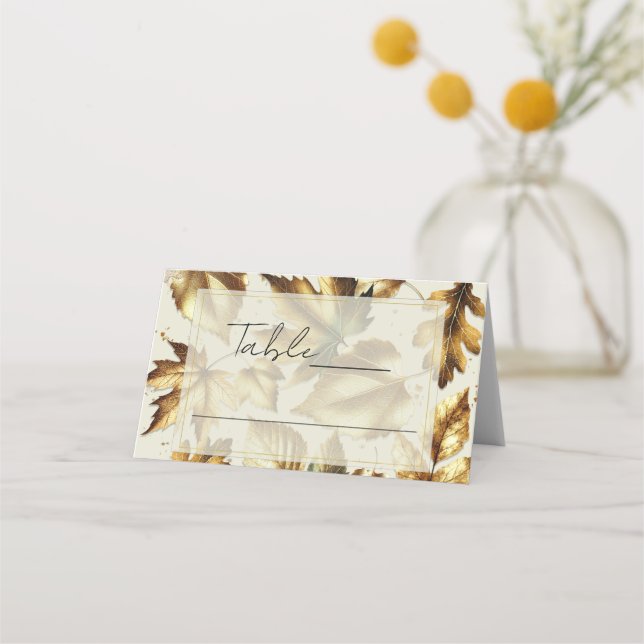 Carte De Placement Feuille d'or Amande Beige Mariage de automne Place (Devant)