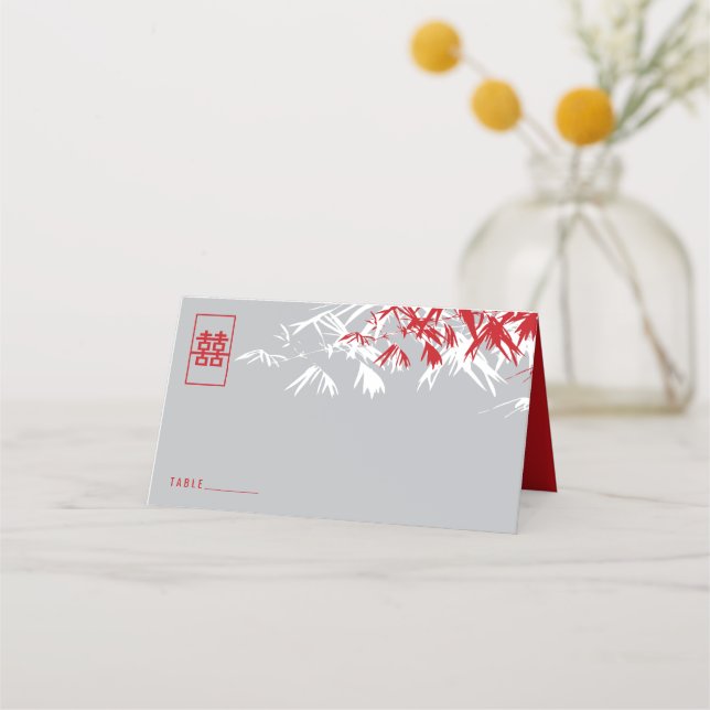 Carte De Placement Feuille double Xi Mariage chinois gris et rouge ba (Devant)