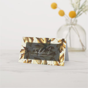 Carte De Placement Feuilles dorées Amande Beige & Noir Mariage d'auto