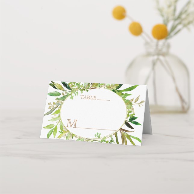 Carte De Placement Feuilles encadrés de feuilles vertes et d'or Numér (Devant)