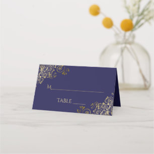 Carte De Placement Filigree Gold Lacy sur Mariage bleu marine écritur