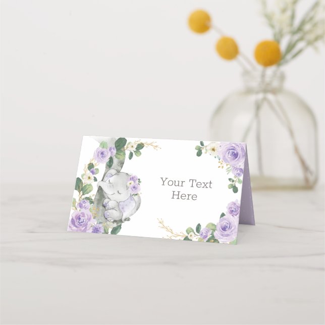 Carte De Placement Fille Eléphant Purple Floral Rose Étiquette alimen (Devant)