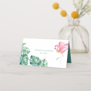 Carte De Placement Flamant rose tropical et aquarelle Mariage de verd