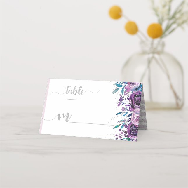 Carte De Placement Fleur pourpre et bandes argentées Nom Numéro de ta (Devant)