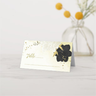 Carte De Placement fleurs blanches noires or feuilles