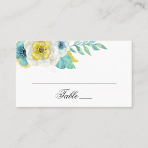 Carte De Placement Fleurs bleues et jaunes à l'aquarelle. Mariage flo