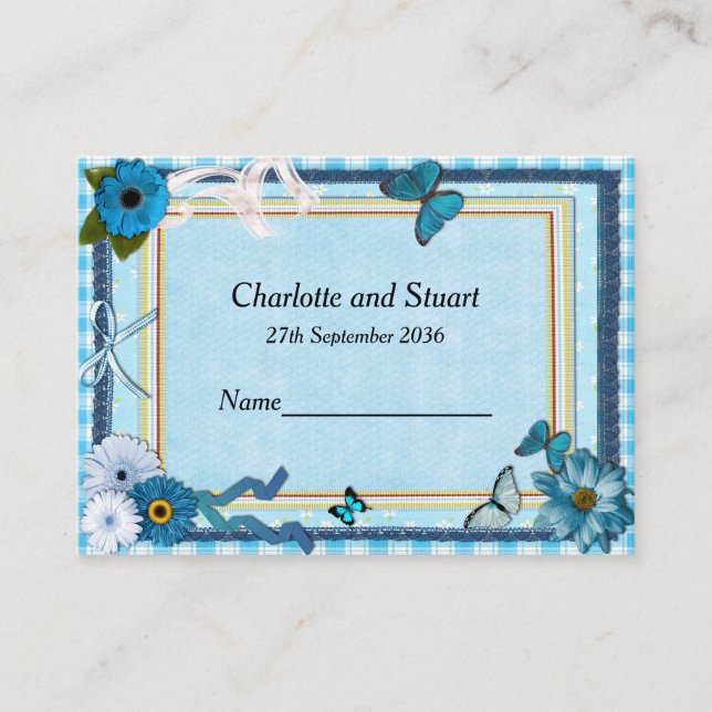 Carte De Placement Fleurs bleues et papillons (Devant)