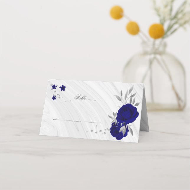 Carte De Placement fleurs bleues royales argent feuilles (Devant)