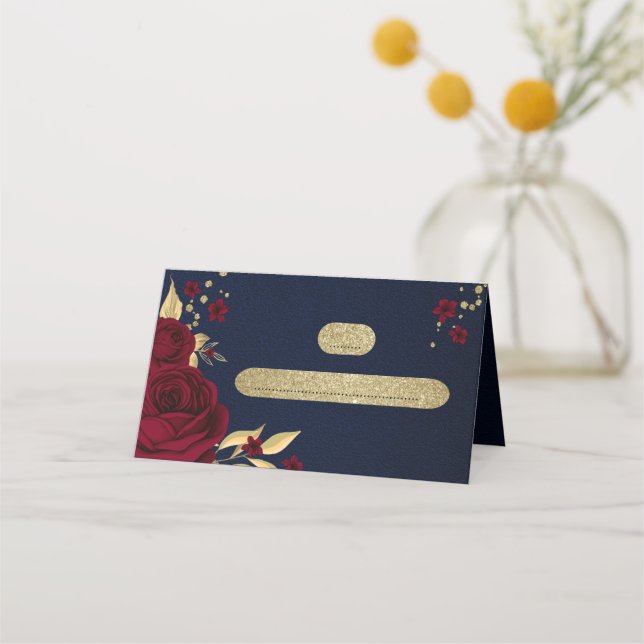 Carte De Placement fleurs bordeaux or bleu marine feuille (Devant)