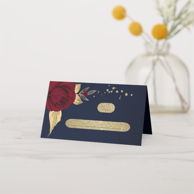 Carte De Placement fleurs bordeaux or bleu marine feuille (Devant)