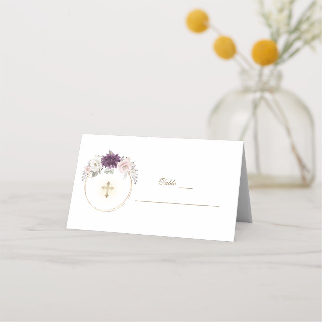 Carte De Placement Fleurs de Lavande Blush Gold Baptism Numéro de tab (Devant)