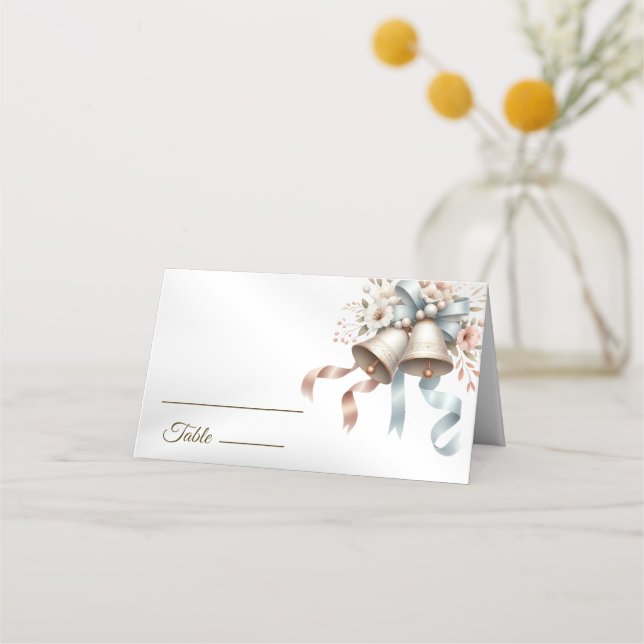 Carte De Placement Fleurs de mariage cloches Rubans bleu rose Beau (Devant)