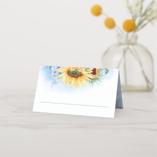 Carte De Placement Fleurs de soleil jaunes et Mariage Dusty Blue Hydr (Devant)