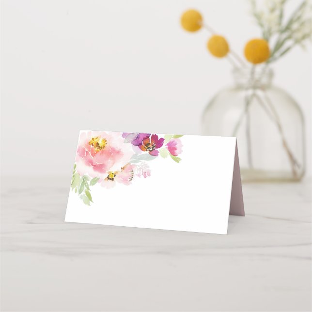 Carte De Placement Fleurs roses et violettes pastel à l'aquarelle (Devant)