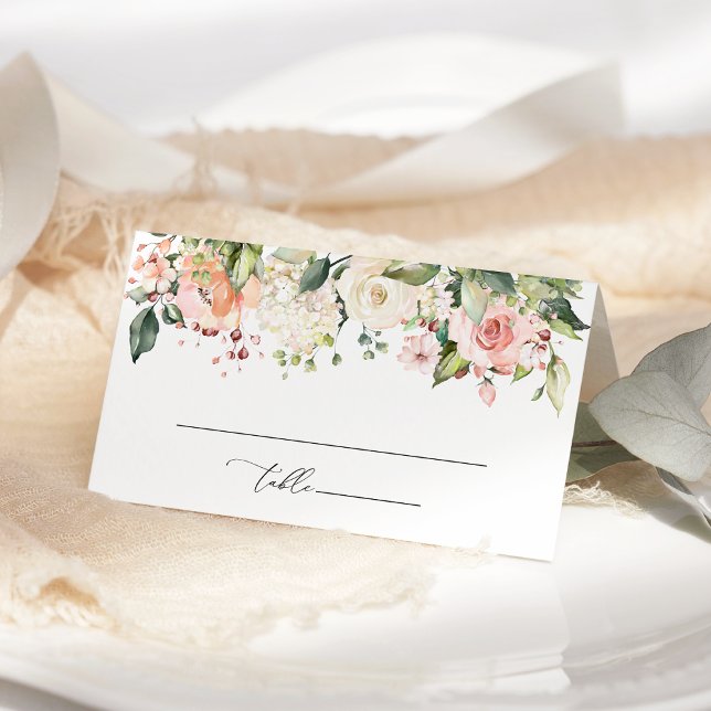 Carte De Placement Fleurs roses, Fleurs blanches, Verdure, Mariage (Créateur téléchargé)
