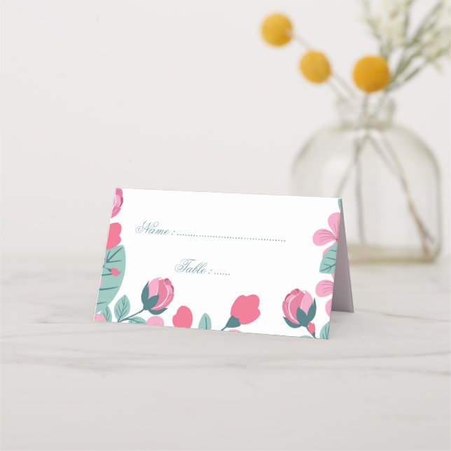 Carte De Placement Fleurs roses romantiques & feuilles verts (Devant)